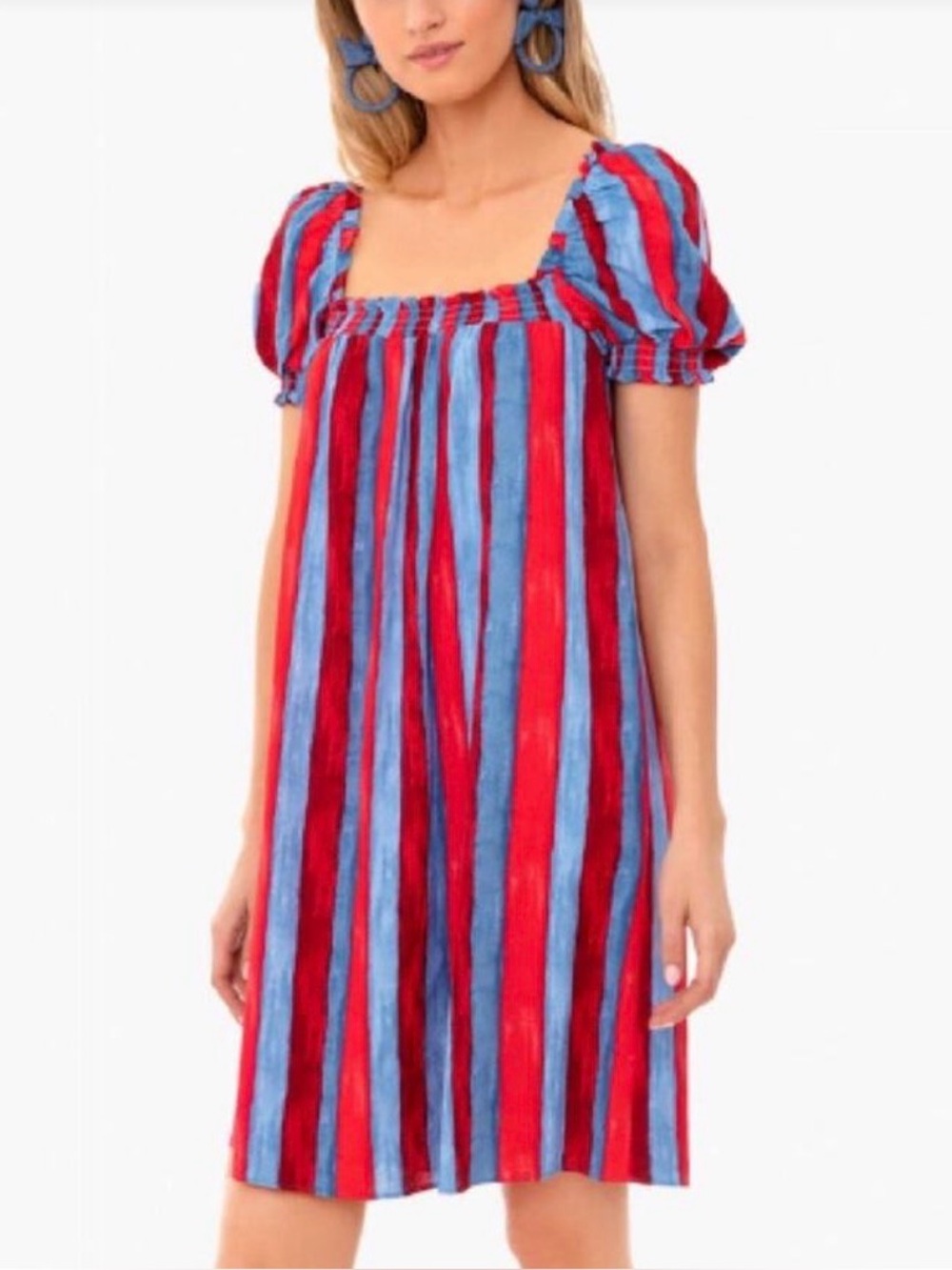 Pomander Place Red & Blue Striped Puff Sleeve Mini Dress - Picture 9 of 10